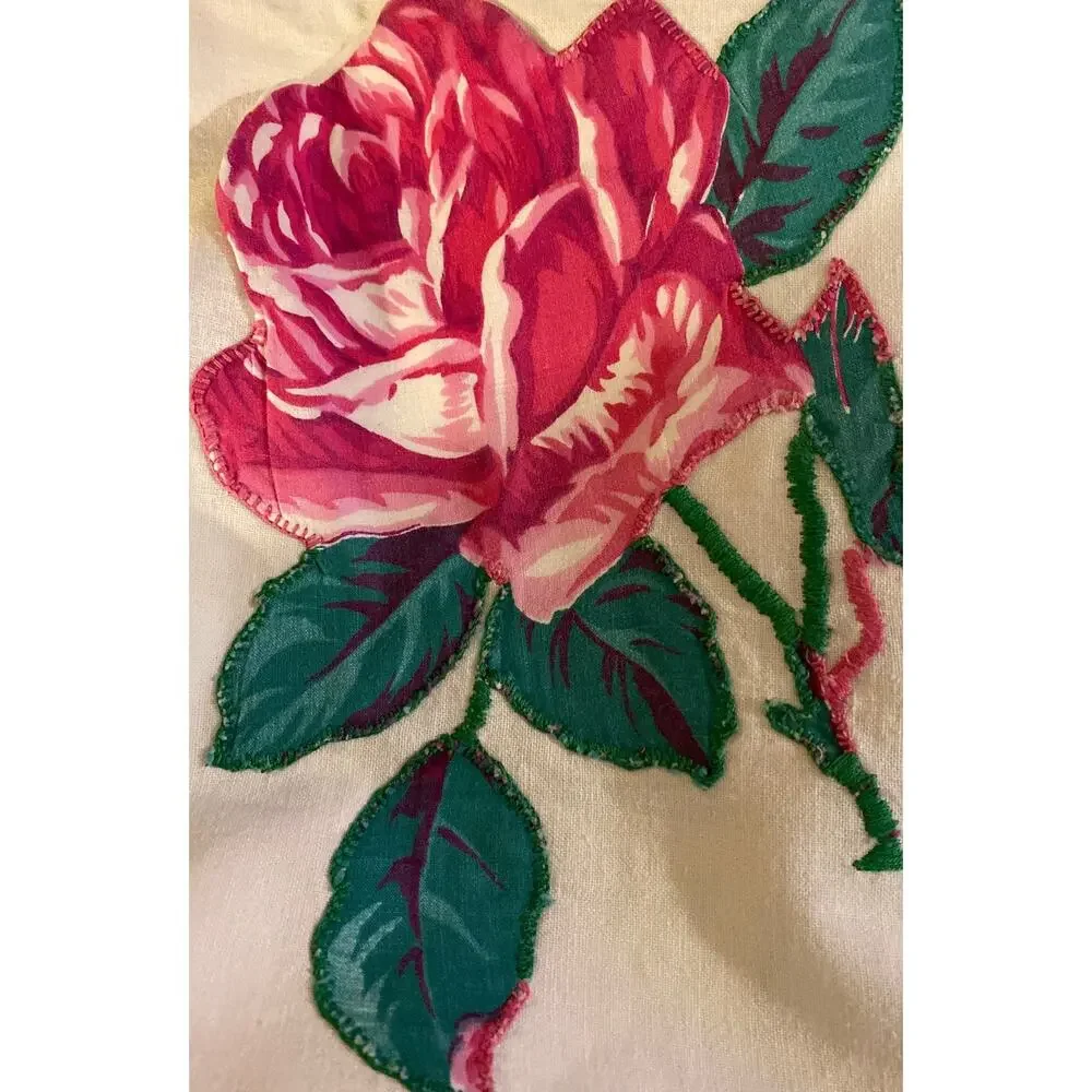 Vintage Square Table Linen with Rose Design Corner Pockets Kitschy Decor